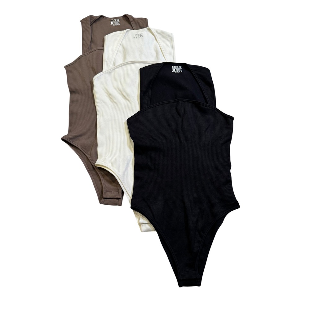 OQQ Womens 3 Pack Ribbed Cutout Bodysuit Set Black White Brown Size Medium